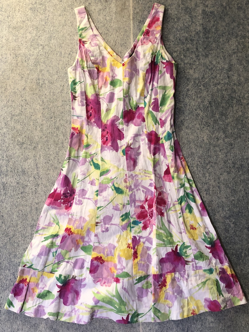 Chaps White Floral V-Neck Midi Dress with Pink, Purple & Yellow Accents